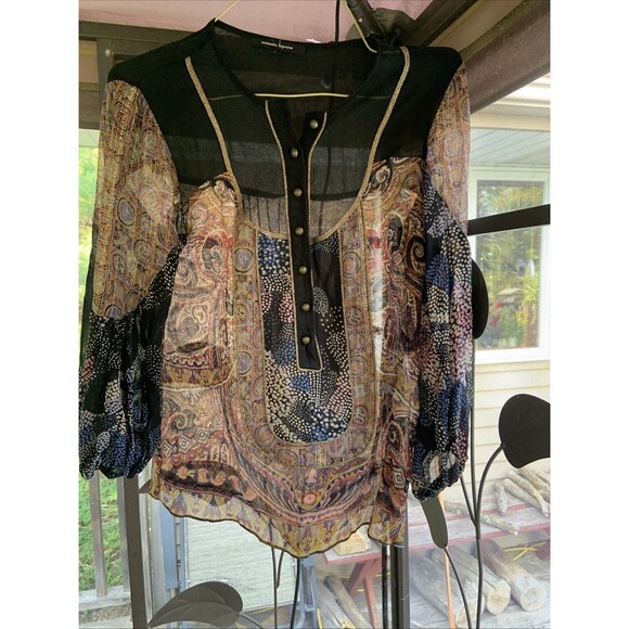 Nanette Lepore Sheer Silk Women’s Top Gold Flex Size 6 Boho Designer Flowy - Picture 5 of 12